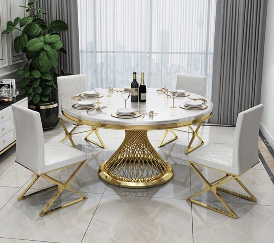 Table à manger DELUXE ronde marbre blanc pieds dorés